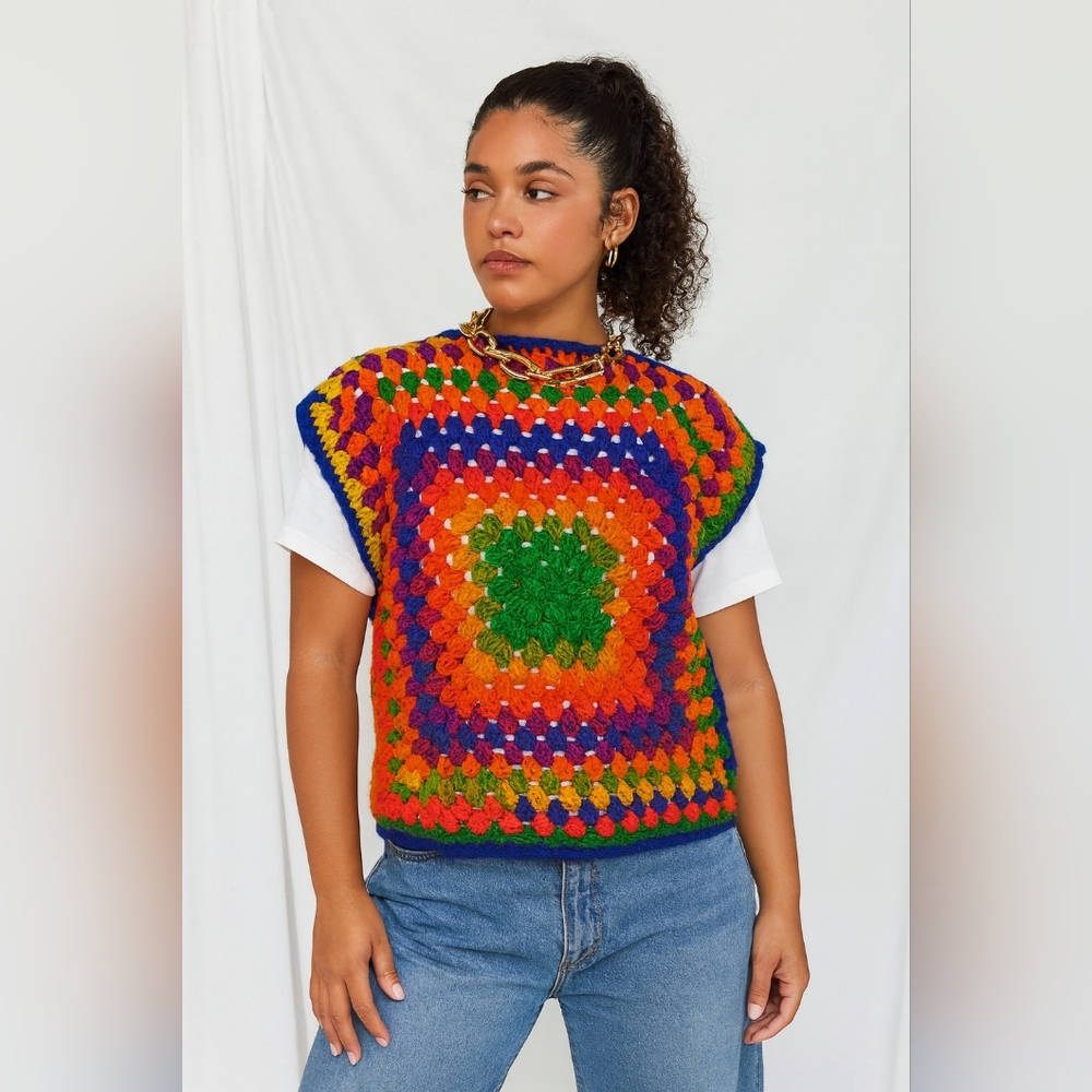 Women Hand-Crocheted Granny Square Sweater Vest